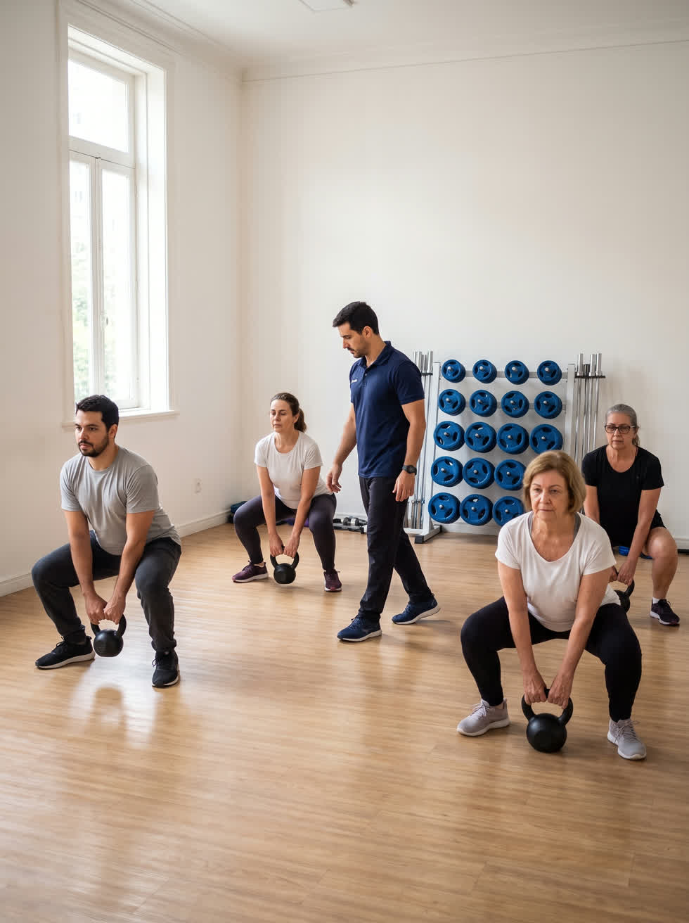 Turma de quatro alunos de idades diferentes agachando com kettlebell enquanto o professor observa