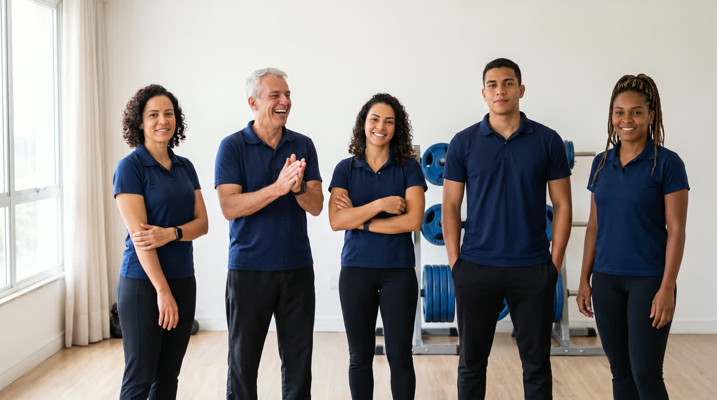 Cinco professores de camisa polo azul lado a lado no estúdio
