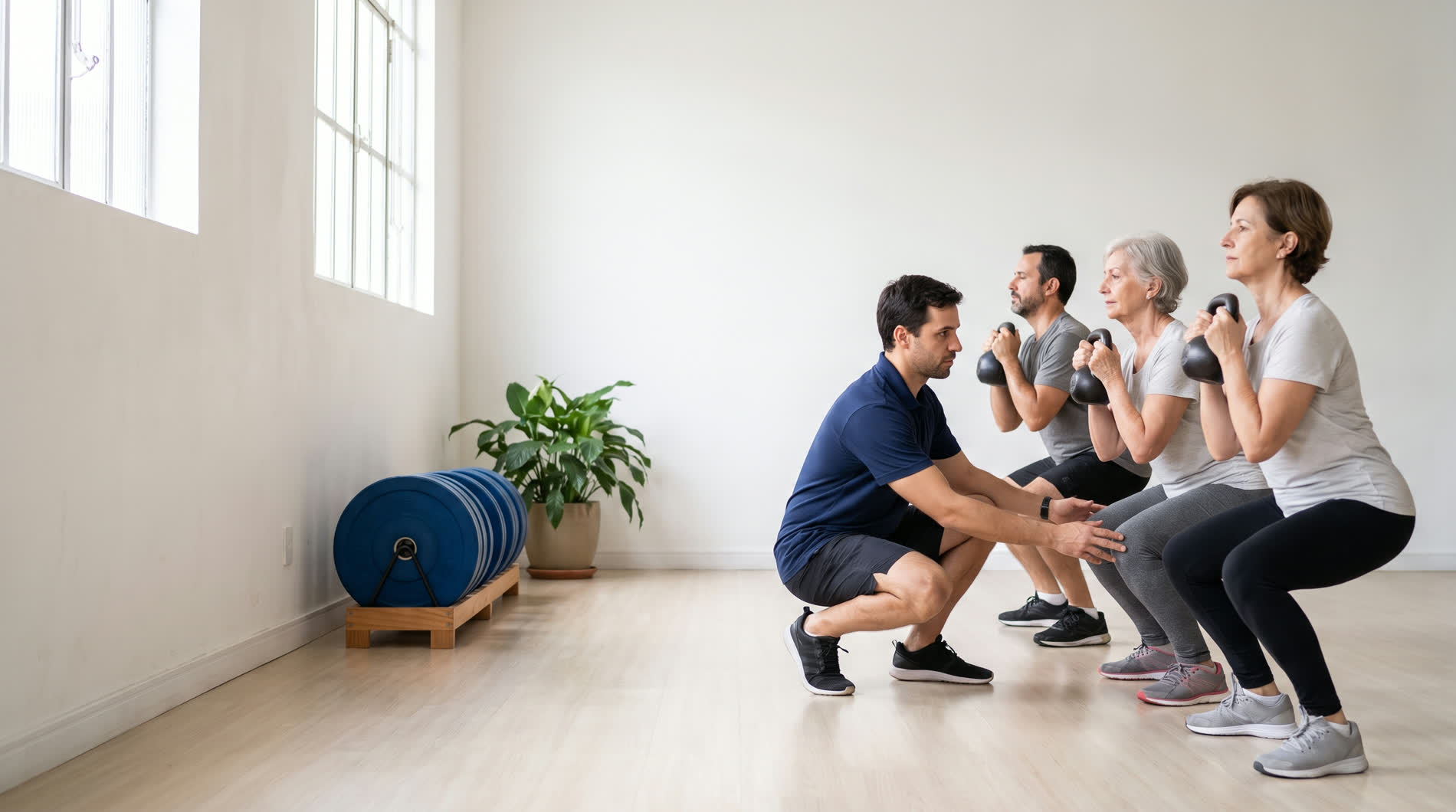 Professor agachado ao lado de três alunos de idades diferentes fazendo agachamento com kettlebell no estúdio