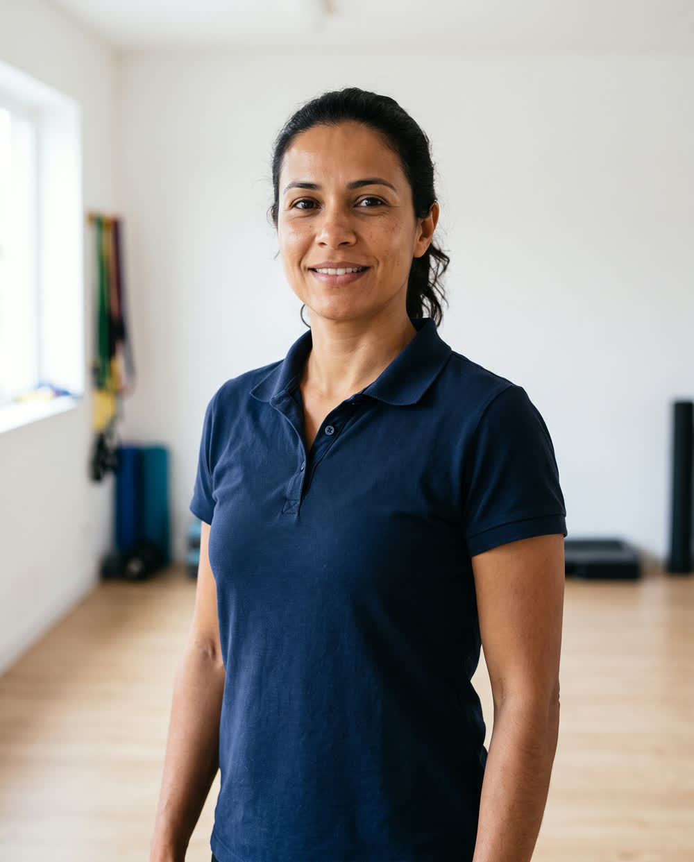 Renata Aguiar, professora de educação física, de camisa polo azul no estúdio